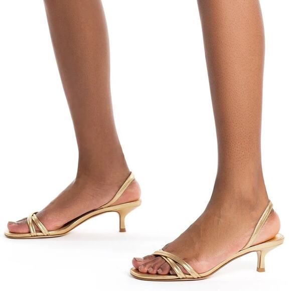 Larroude Mini Annie Sandals Kitten Heel Party Metallic Leather Gold Party Sz 6.5 - Picture 1 of 12